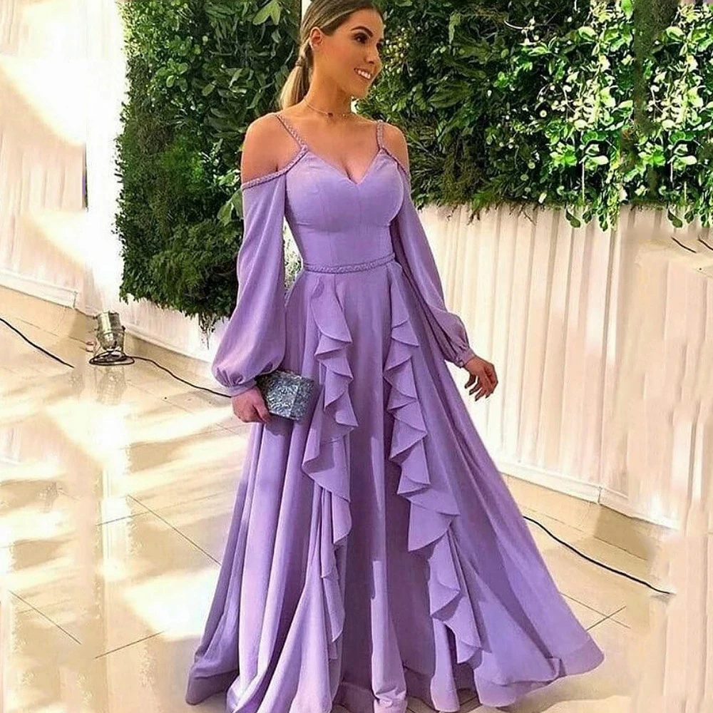 

Fashion Spaghetti Straps A-line Prom Dresses Long Sleeves Chiffon Off the Shoulder Evening Formal Gowns Vestidos De Fiesta