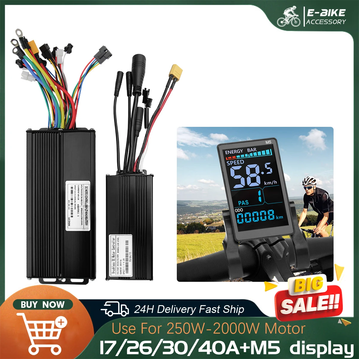 Ebike موجة جيبية 17A-60A وحدة تحكم ثلاثية الأوضاع مع شاشة LCD ملونة M5 لملحقات مجموعة تحويل الدراجة الكهربائية 250 واط-3000 واط