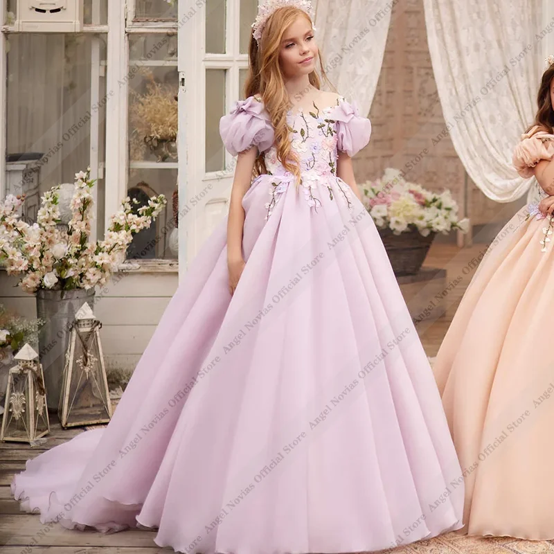 Vestido Largo de Organza Color Lavanda para Niña, Vestido de Princesa para Fiesta, Vestido de Encaje 3D para Cumpleaños, Apliques de Encaje para Niñas, Vestido Personalizado para Boda