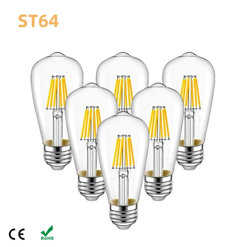 

1PCS LED ST64 2W 4W 6W 8W 12W AC 220V 110V Dimmable Gold Filament Bulb E27 Light Vintage Edison Lamp Retro Gold Glass Appearance