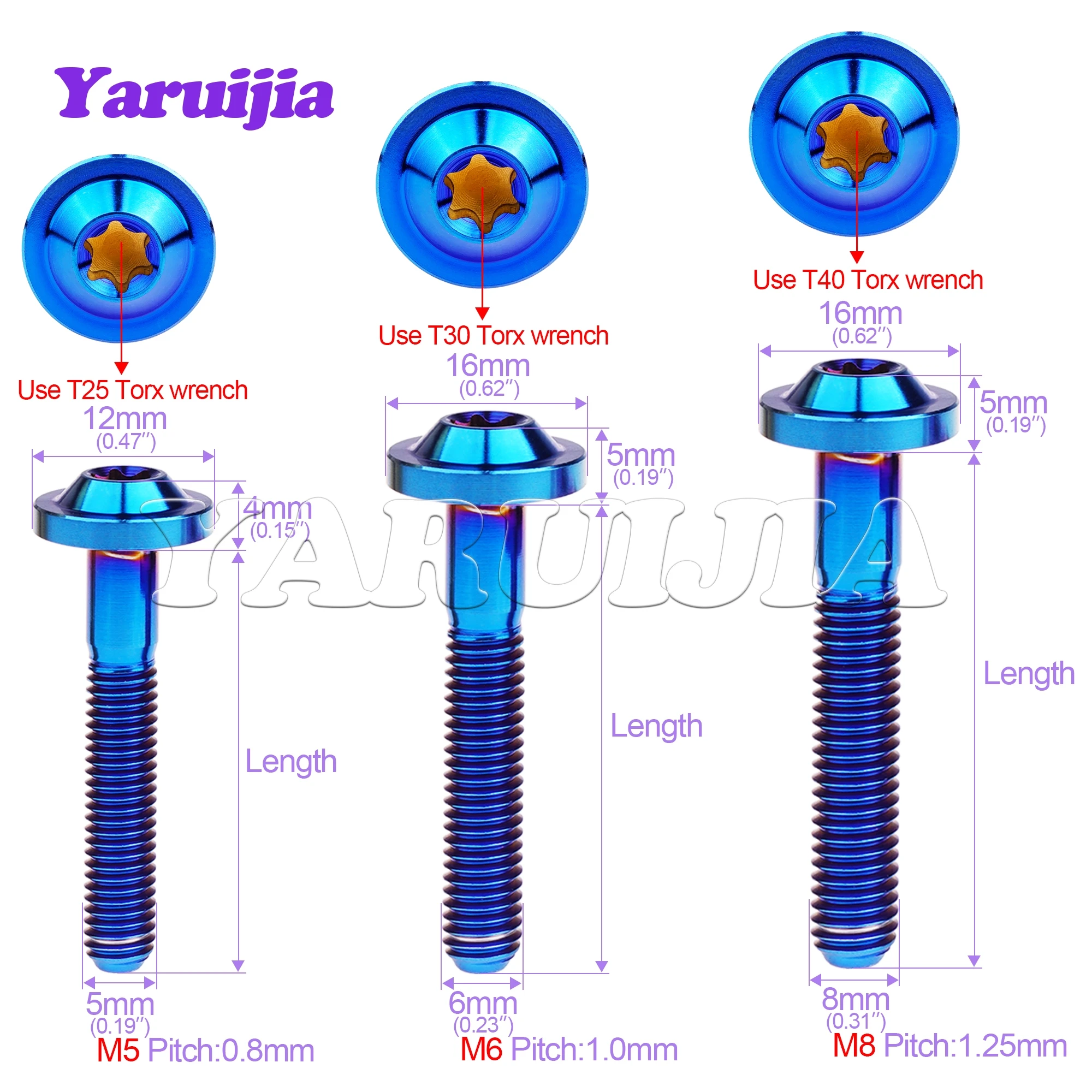 Yaruijia Titanium Bolts M5/M6/M8x10/12/15/20/25/30/35/40/50/60/70mmTorx Head Screws for Motorcycle Riding Modification Fasteners