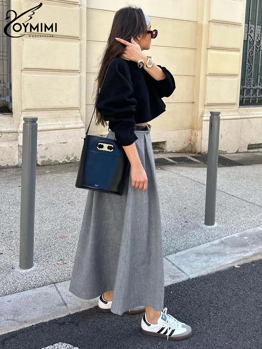 Oymimi élégant gris jupes amples pour les femmes décontracté taille haute jupes plissées mode nouveau solide cheville longueur jupes Streetwear