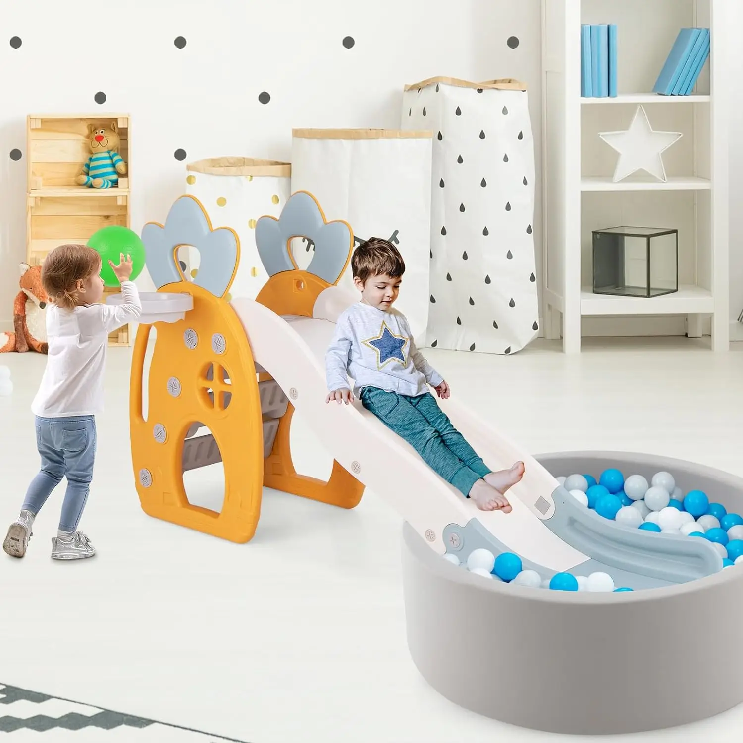 Scivolo per bambini, scivolo indipendente 3 in 1 per bambini, set da gioco per ananas per interni ed esterni con canestro da basket e palla, scalatore per scaletta