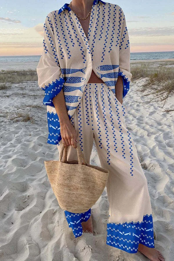 2025 Neues 2-teiliges Set im Sommerurlaubsstil mit Kreuzfahrtsdruck, Revershemd + Schnürhose mit weitem Bein für Damen, Kreuzfahrt-Outfit, Strandurlaub