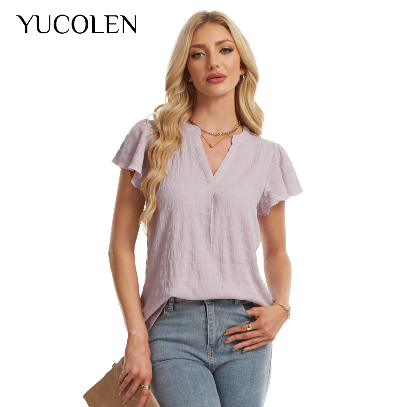 YUCOLEN Womens Textured Knit Tops Notch V‑Neck Flutter Ruffle Short Sleeve Blouse Loose Fit Solid Color Casual Office Summer T‑S