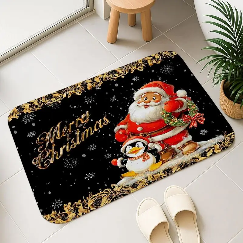 VIKAMA Santa Penguin Door Mat Black Gold Christmas Non Slip Welcome Rug For Entryway Bathroom Bedroom Xmas Home Decor