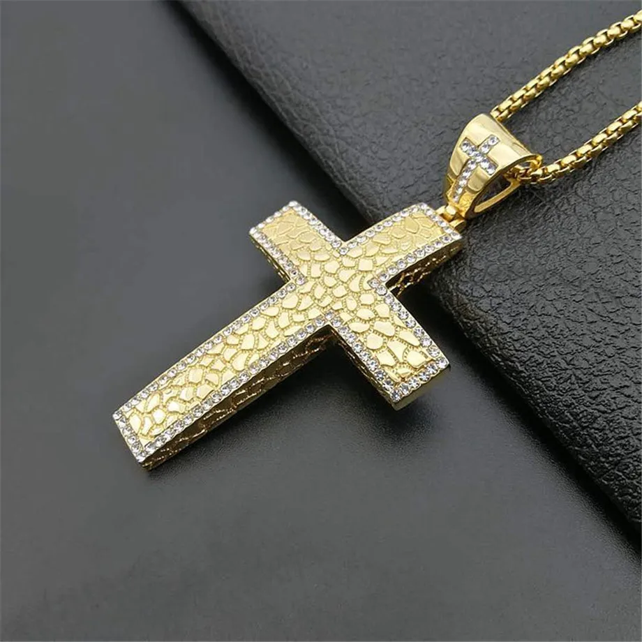 Hip Hop Heavy Large Big Cross Pendant Necklace Christmas Gift Gold Color Stainless Steel Iced Out CZ Bling Christian Jewelry