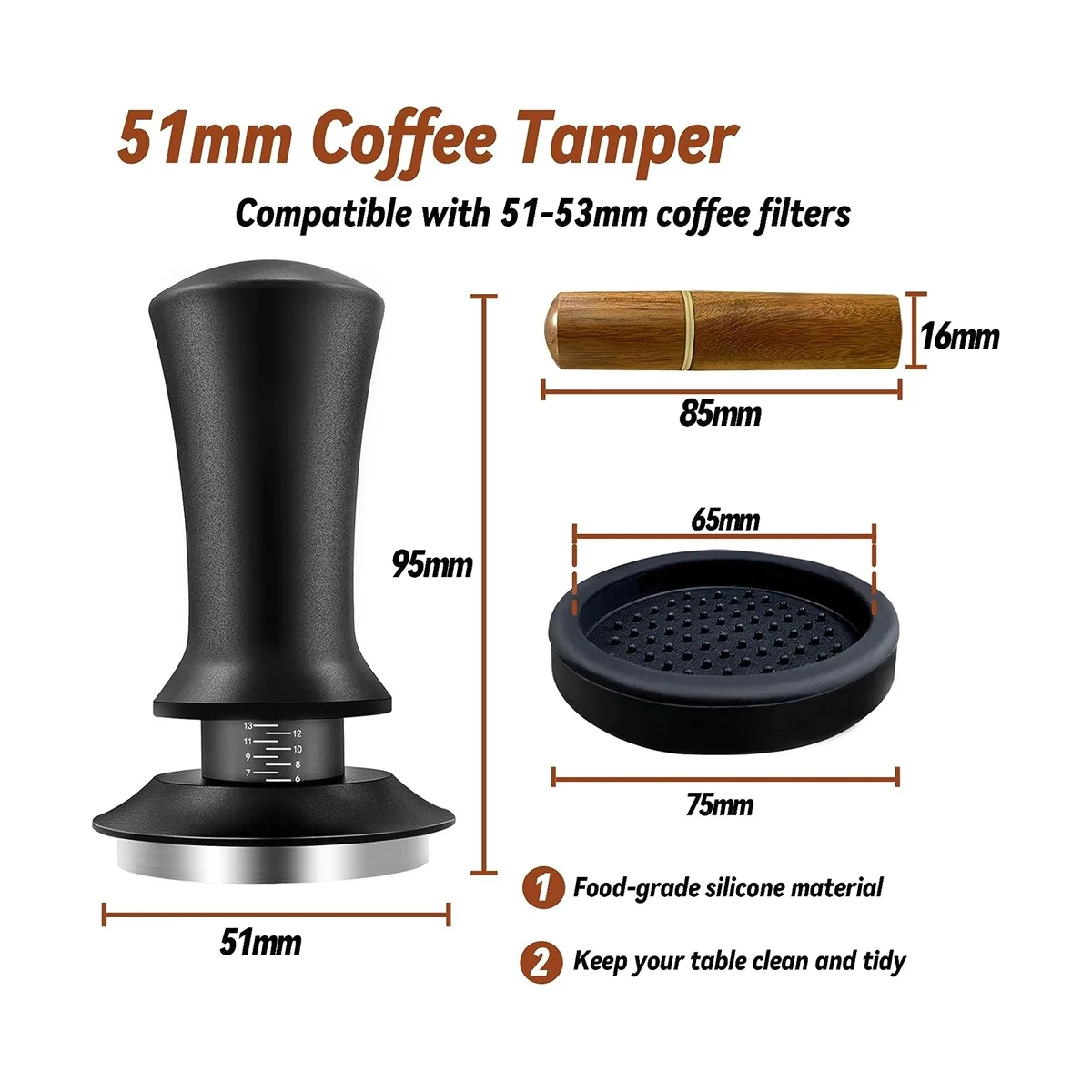 Prensa de café expreso de 51 mm con herramienta WDT calibrada con resorte, con alfombrilla de silicona, para cafetera espresso