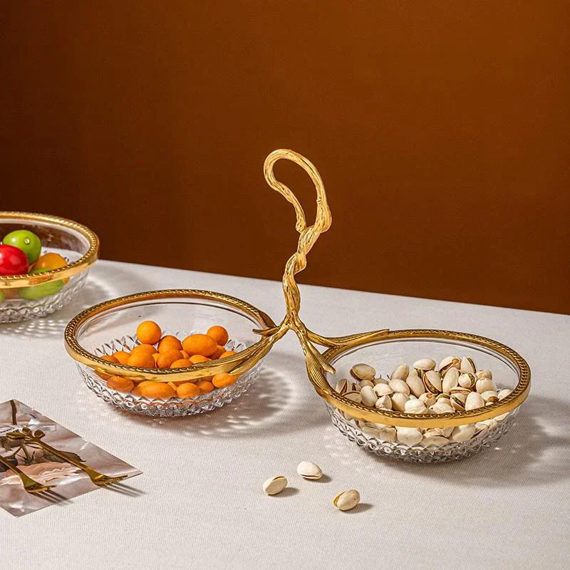 Crystal Glass Fruit Plate Brass Handles Fruit Bowl Luxury Living Room Coffee Table Decorative Ornaments Storage Tray Candy Box