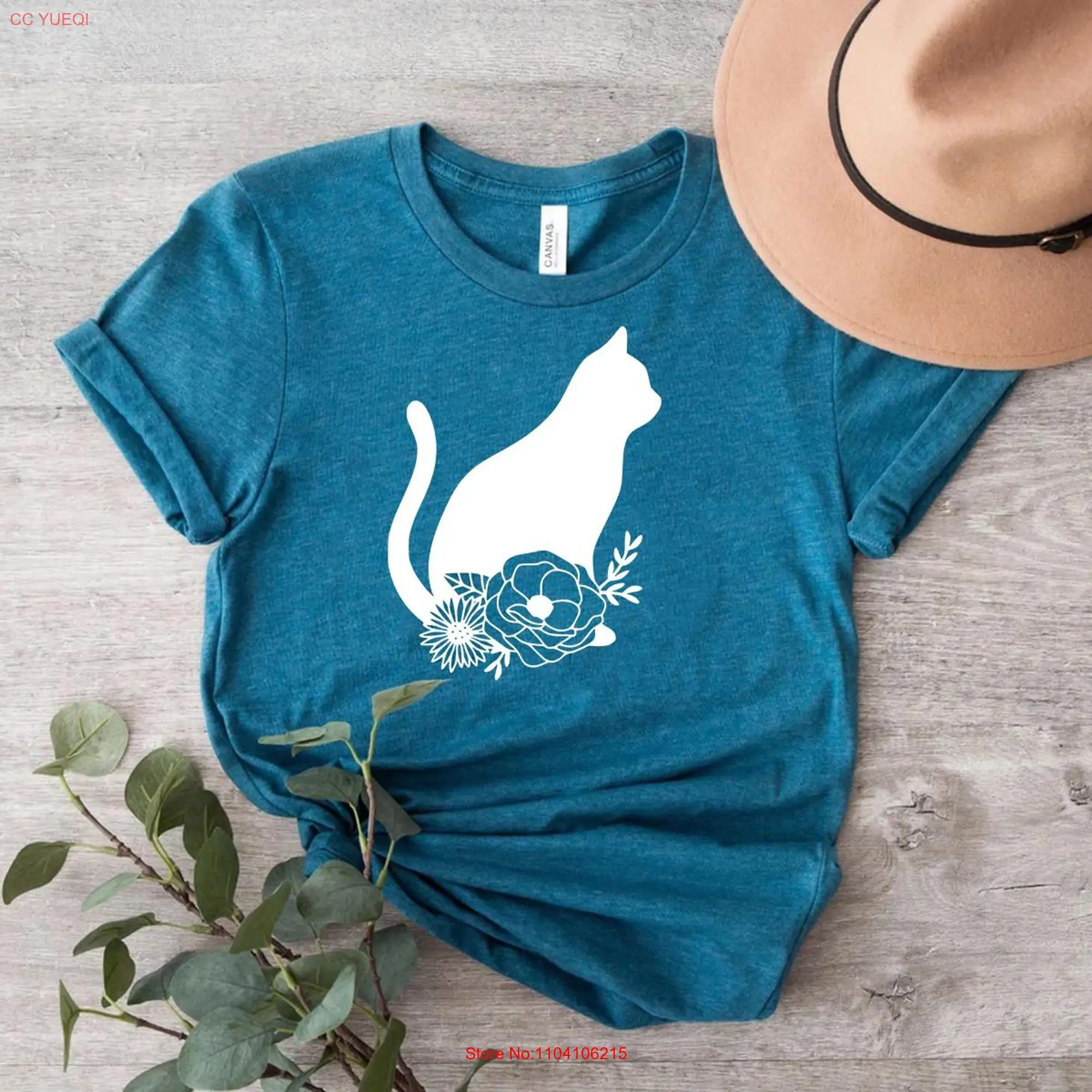 Cat With Flowers T Shirt Flower Head Face Floral Animal long or short sleeves