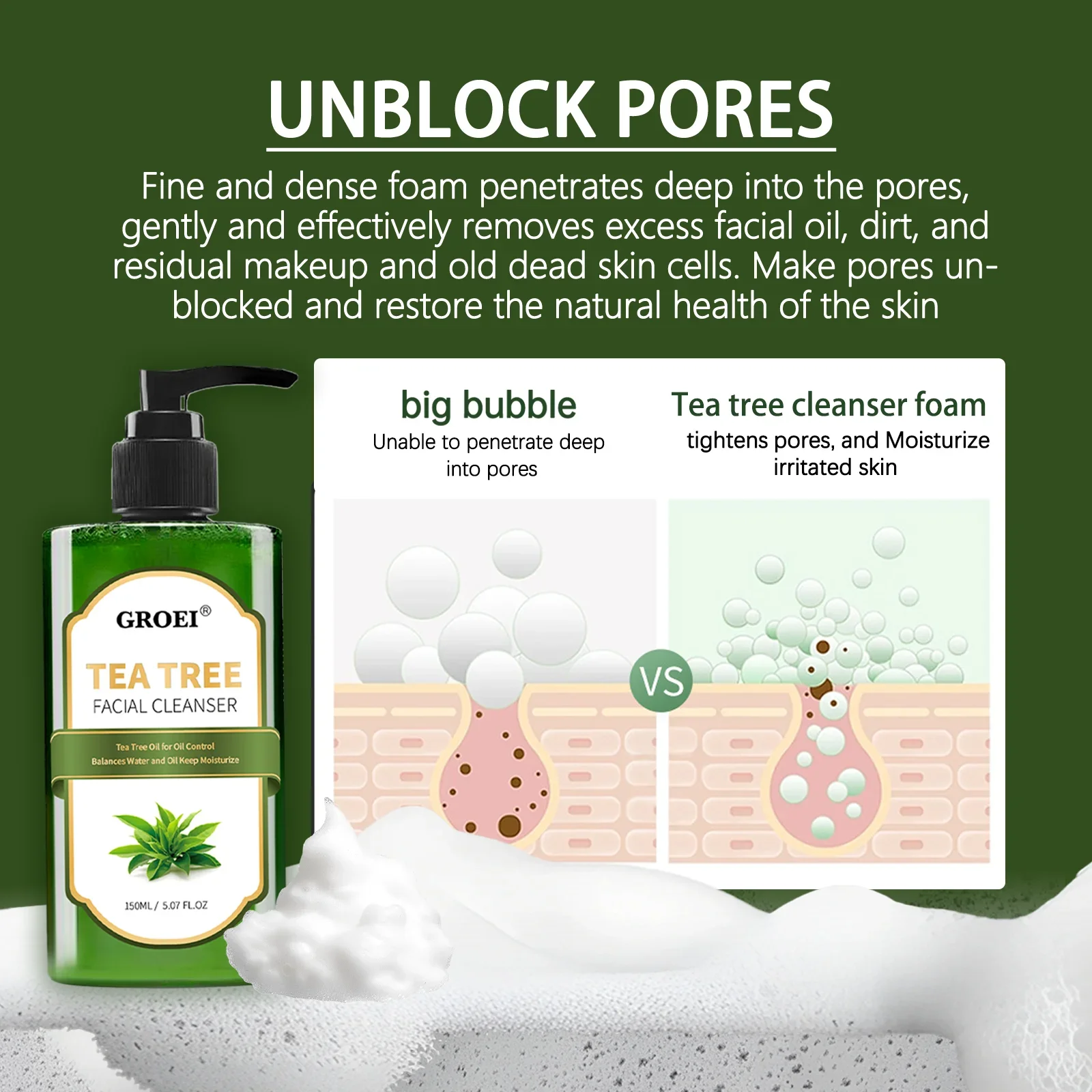 GROEI Tea Tree Facial Cleanser 150ml Deep Cleansing, Hydrating, Oil Control & Pore Tightening for Smooth Skin