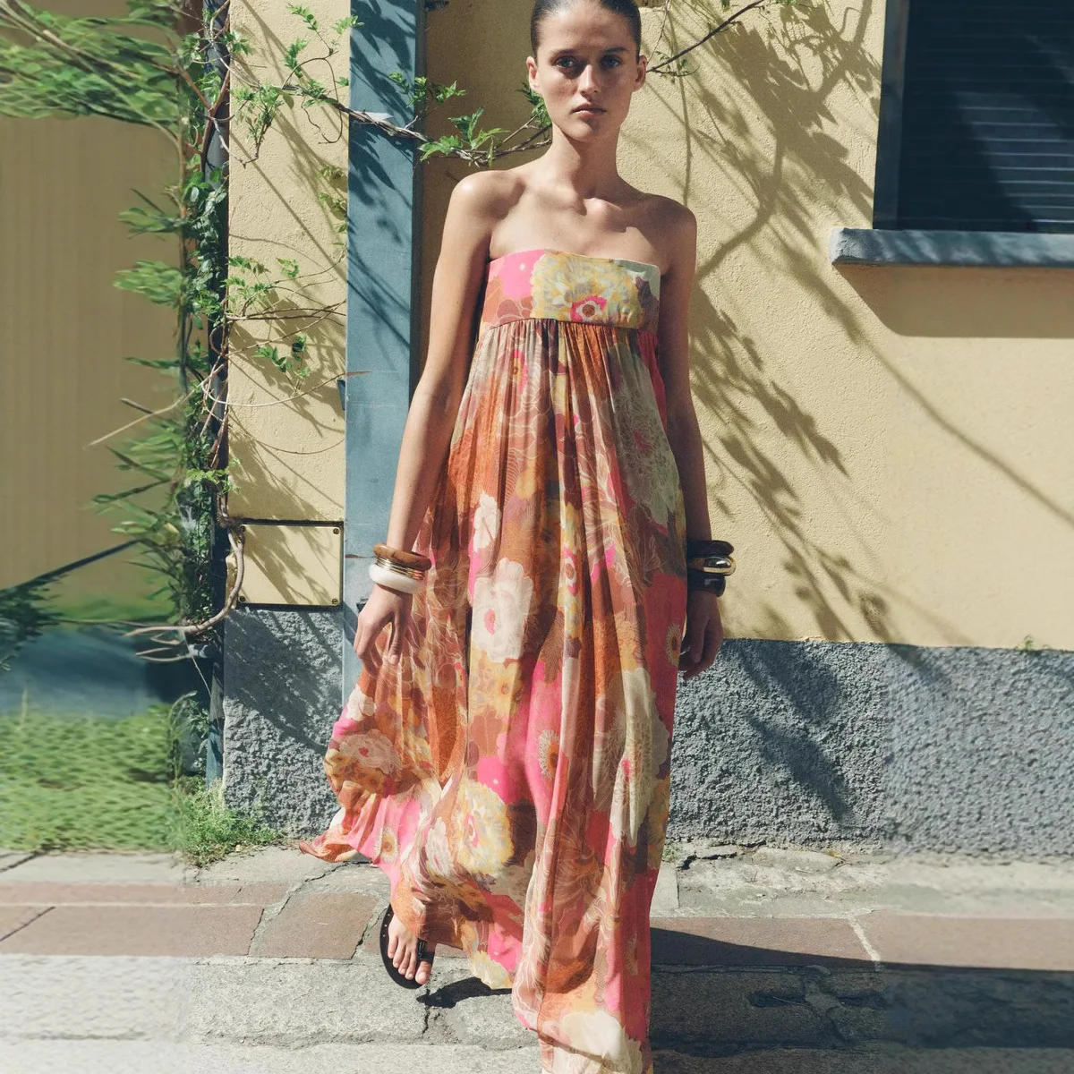 

Pleated Printed Strapless Maxi Dress Women Elegant Sleeveless High Waist Loose Street Gowns 2025 Summer Vacation Party Vestidos