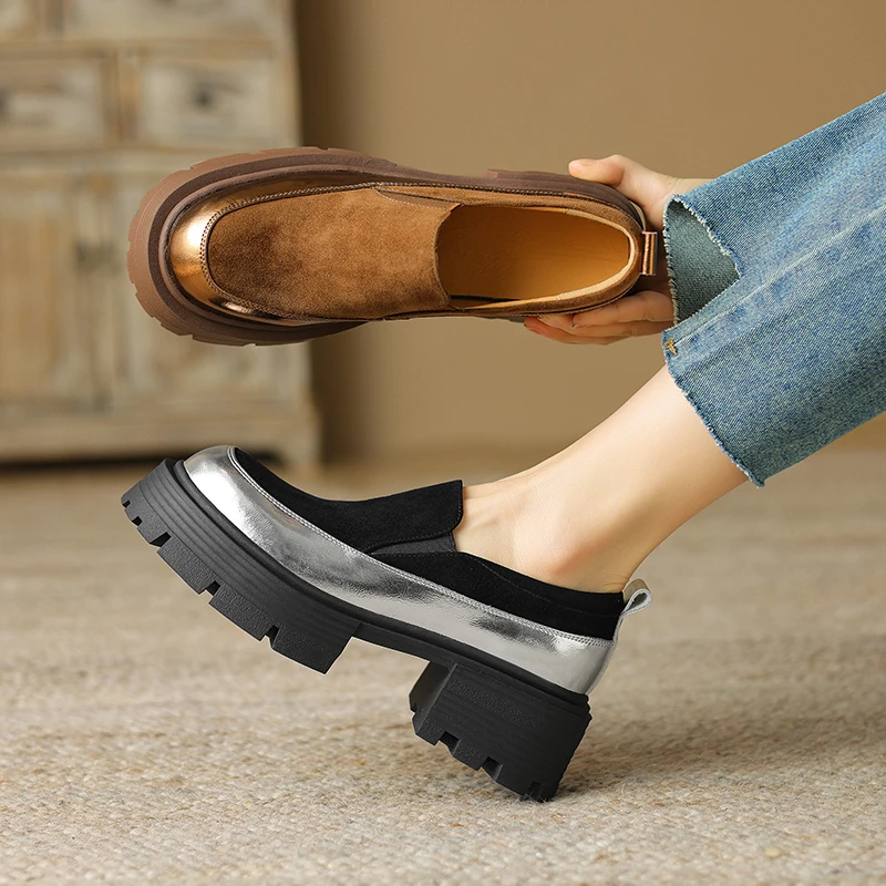 المتسكعون النساء من جلد الغزال منصة الانزلاق على نغمتين جولة تو كسول أزياء عارضة أحذية وحيد مكتنزة