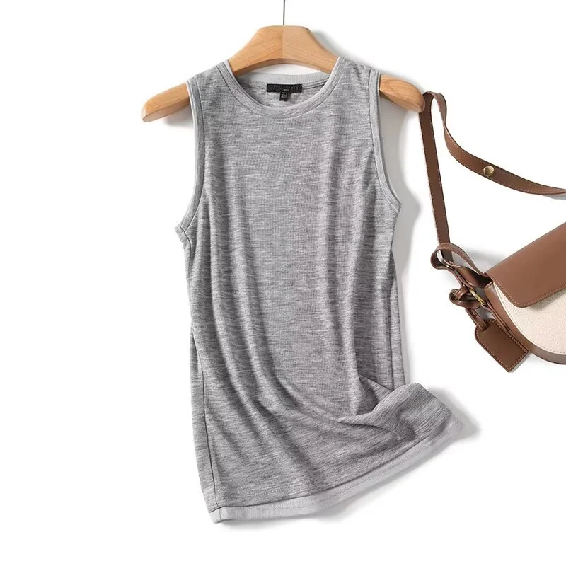 Maxdutti Nordic Minimalist Gray Fake Two-piece Vest T-shirt Women French Lazy Style Women's Summer T-shirt Top
