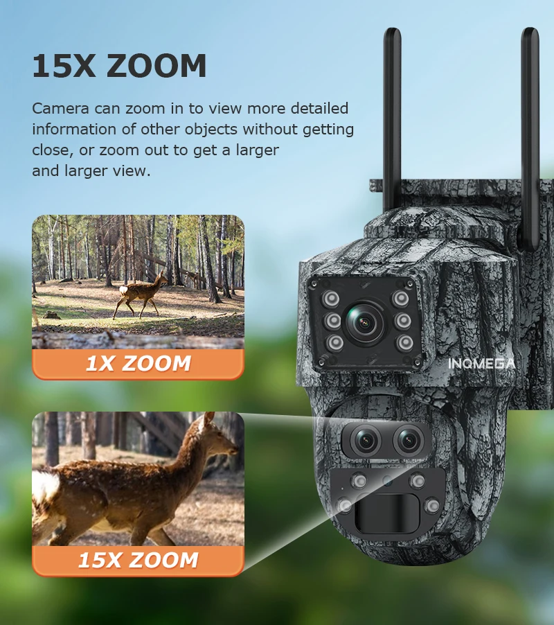 

INQMEGA 15X Zoom Dual-Screen 4G LTE Cellular Trail Cameras Solar Outdoor Wifi Surveillance Camera Color Night Motion Activated