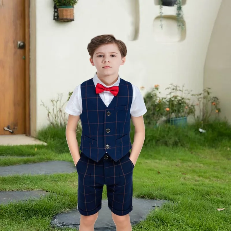 Boys Summer Plaid Wedding Suit Gentle Kid Shirt Vest Short Bowtie Photograph Set School Children Fromal Graduation Party Costume