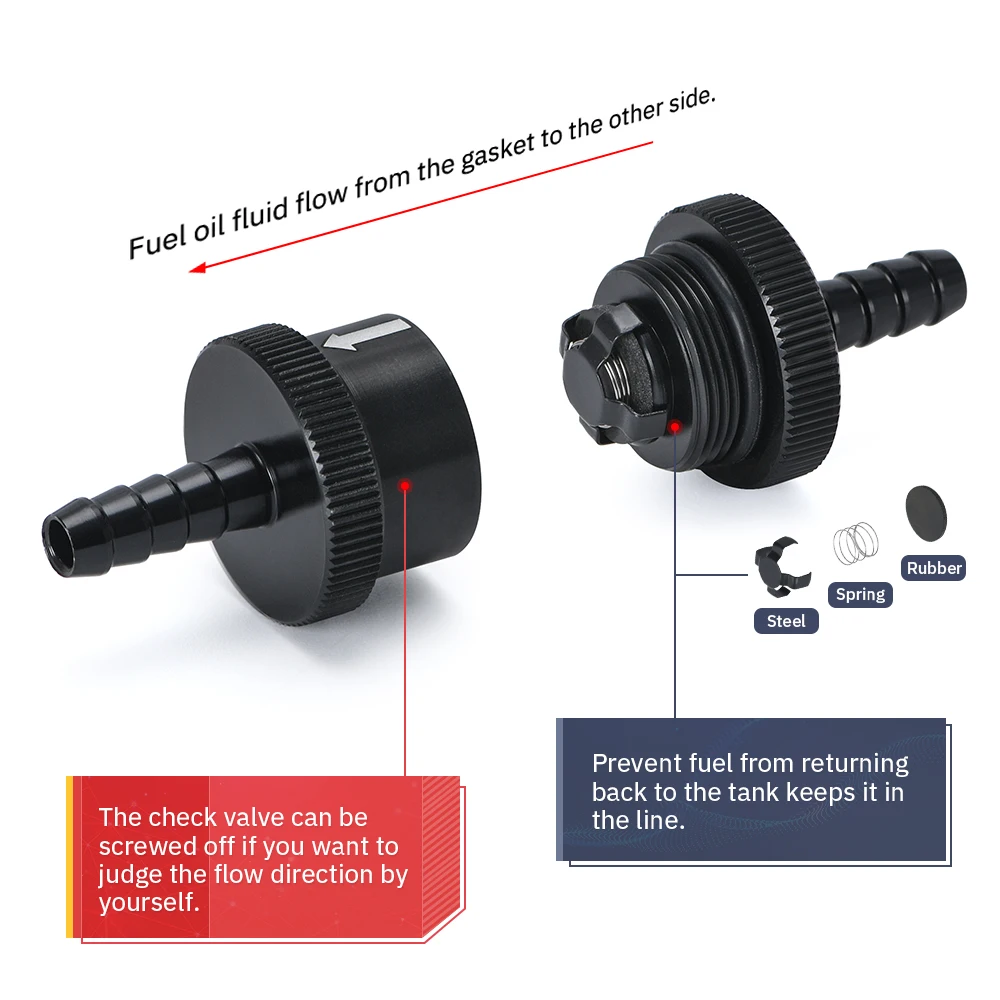 6 Size 4MM / 6MM / 8MM / 10MM / 12MM / 16MM Non Return One Way Fuel Check Valve Aluminum Alloy Petrol Diesel PQY-FCV