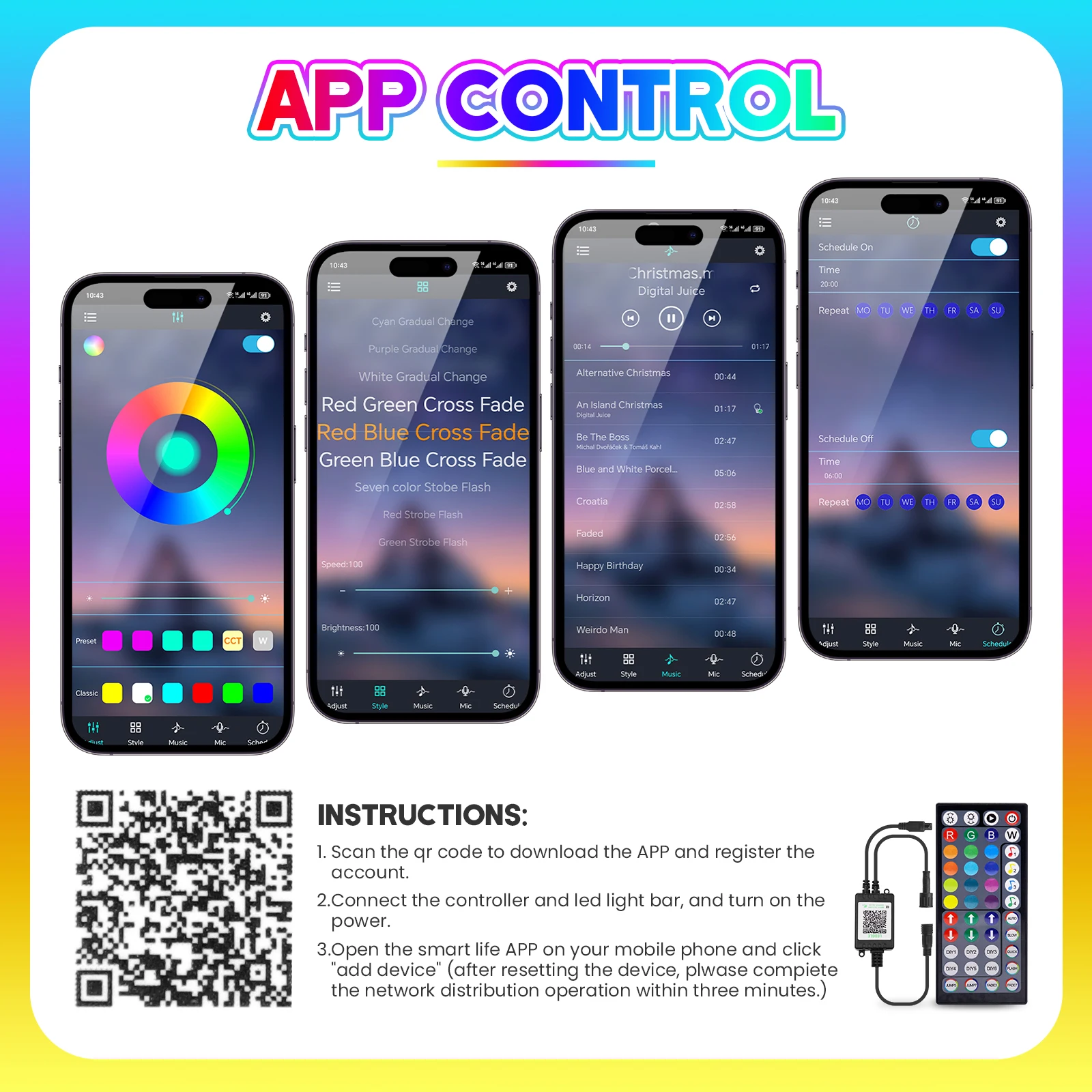 15M 30M 60M 90M RGBCCT ชายคาไฟบลูทูธ App Control 44Key รีโมท DIY โหมดฉาก IP67 กันน้ํากลางแจ้ง