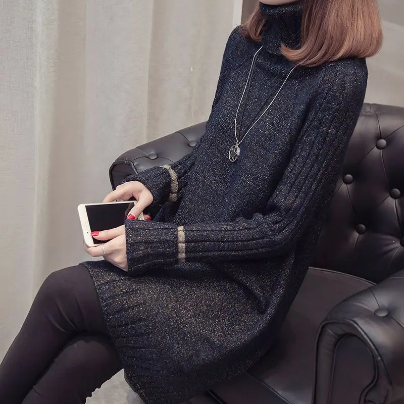 

Модное платье-свитер, женский осенне-зимний пуловер 2026, корейское свободное пальто с трикотажем, рубашка с высоким воротником, топ