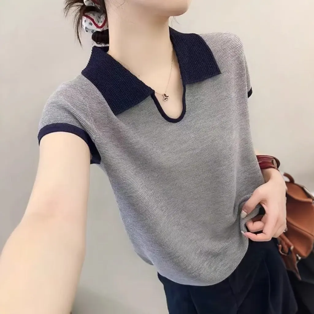 

Women's Chic Lapel Contrasting Color Slim Knitwear Short-Sleeved Pullover Top Summer New Style Thin Niche Right Shoulder