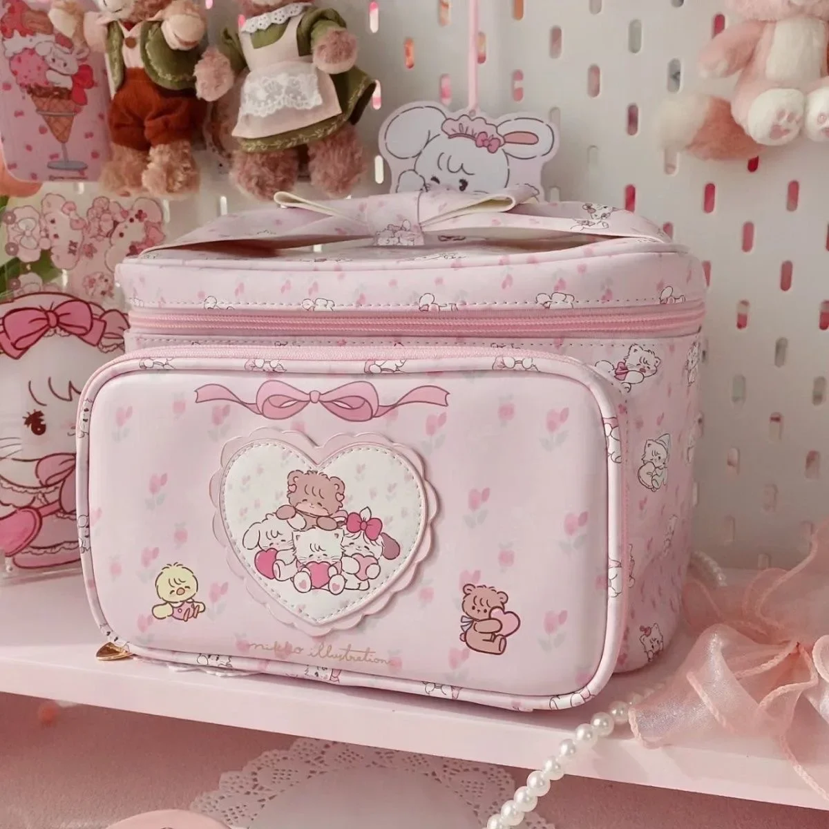 Cute mikko cosmetic bag, large-capacity cartoon print storage bag, high-value PU leather hand-to-hand toiletry bag