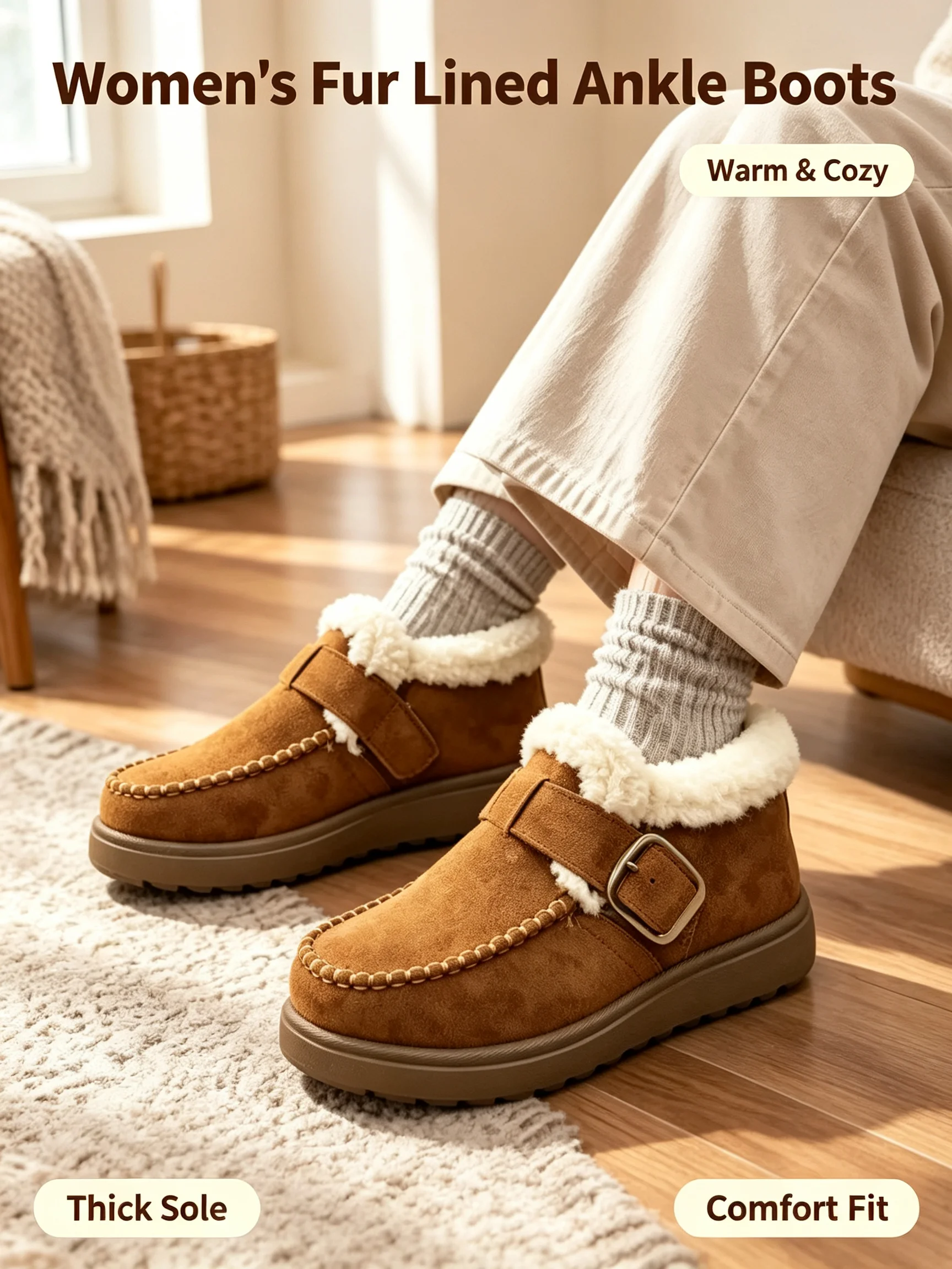 Damen-Stiefeletten mit Fellfutter, Plüsch-Schneestiefel, Warme Kurzstiefel mit Dicker Sohle, Braune Damenstiefel, 2026 Winter-Trend Neuer Stil – Detail 5