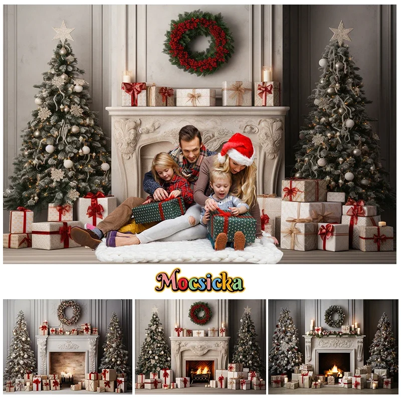 

Winter Christmas Fireplace Backdrop Child Family Portrait Props Adult Baby Festival Photostudio Retro Wall Xmas Trees Background