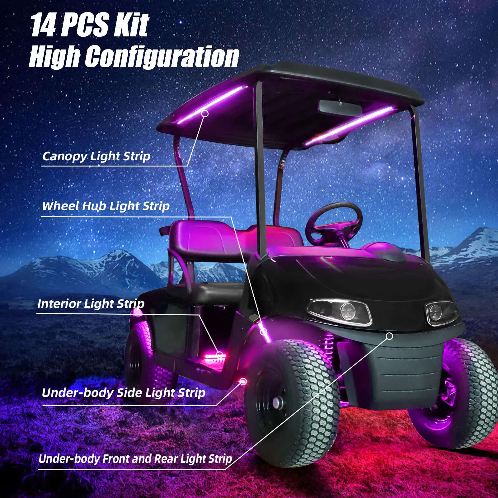 Roykaw Golf Cart Underglow LED Strip Lights Accent Neon Lighting Kit for EZGO Yamaha Club Car, Waterproof/Sync to Music - 14 PCS