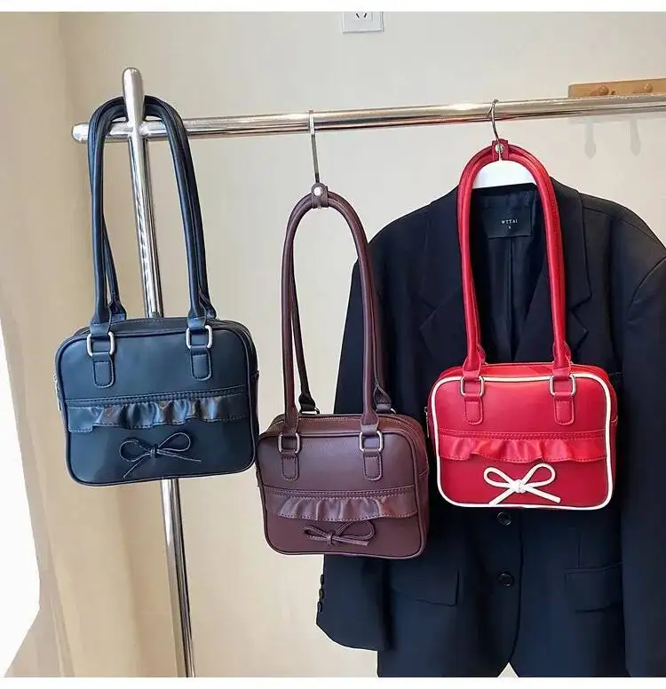 Bloom High Street Bow Red Shoulder Bags Women 2025 New Versatile Pu Leather Y2k Handbag Female Square Underarm Bag Aesthetic