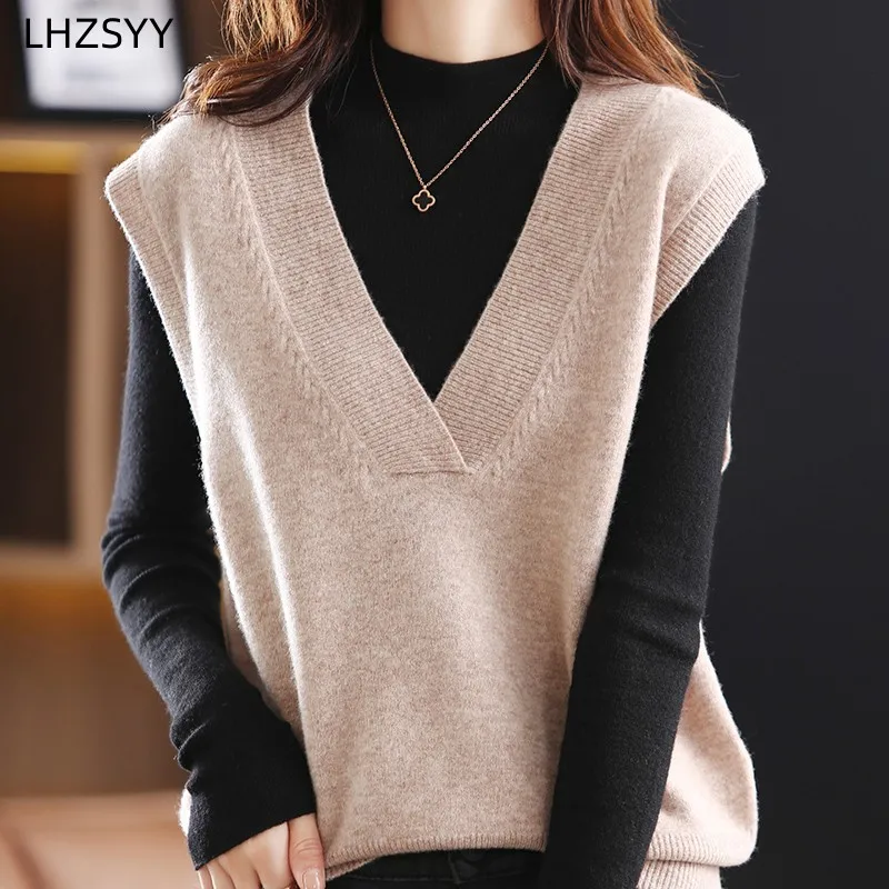 LHZSYY Autumn New 100%Pure Wool Knit Waistcoat Women V-Neck Pullovers Large Size Sleeveless Sweater Loose Vest Blouse Base Shirt