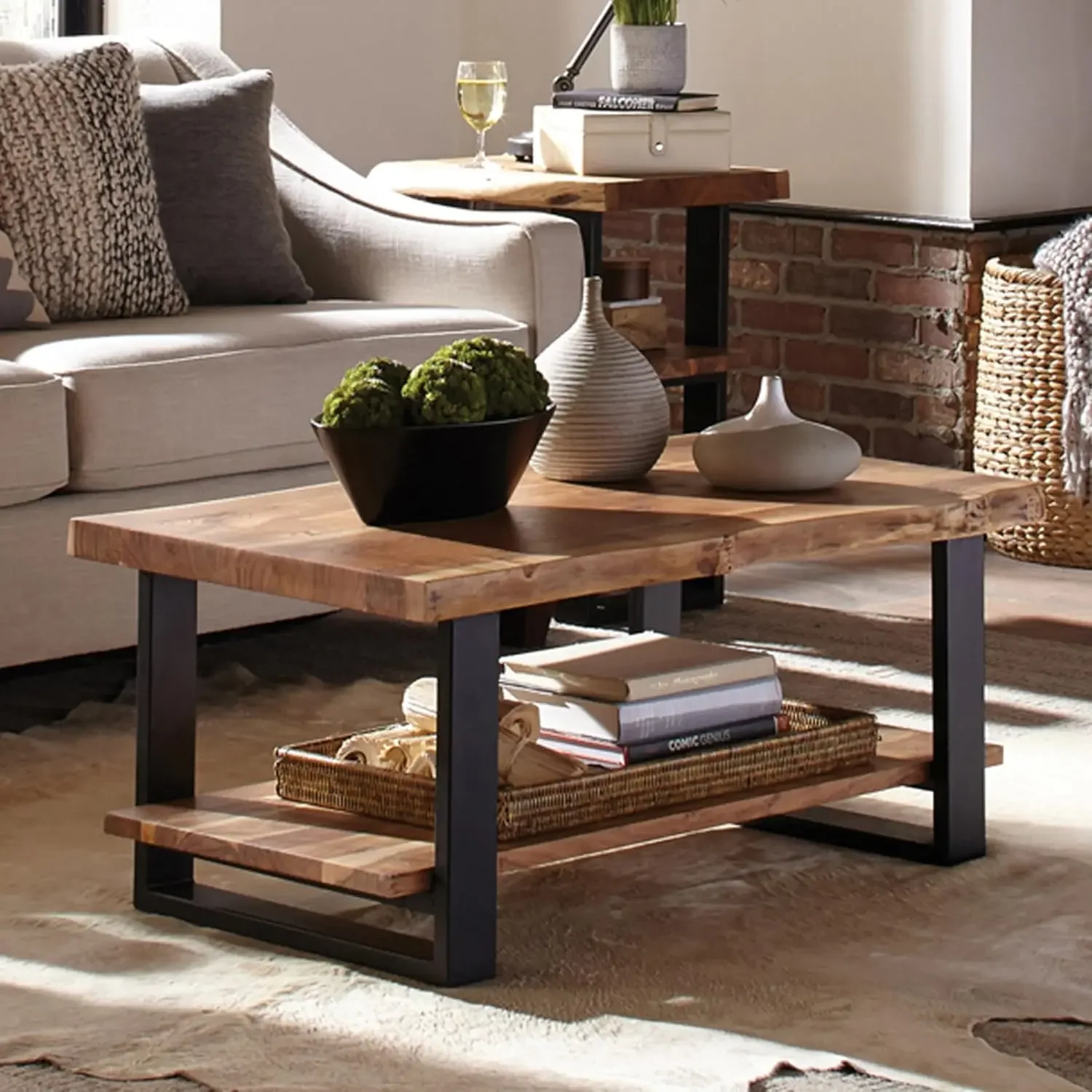 Alpine Natural Wood Live Edge Coffee Table w/ Metal Strap Legs Brown Black Metal Accents Unique Imperfections Clear Natural