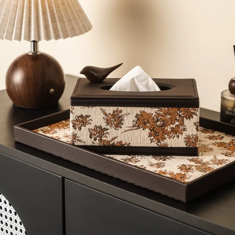 Medieval embroidery leather tissue box, multi-functional countertop grid storage box, high-value extraction fabric meal carton
