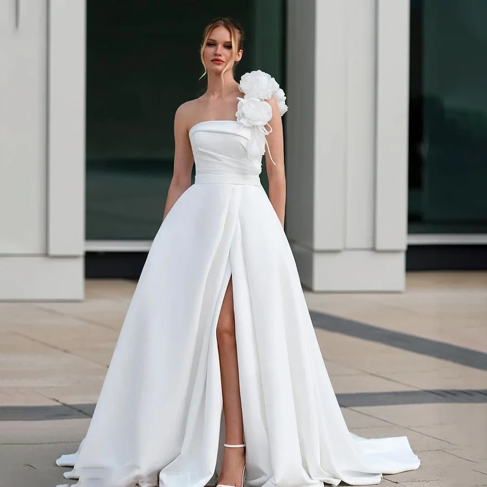 

Newest Strapless Weddings Dresses One Shoulder With Flowers Customized Front Split Bridal Dress For Wedding vestidos de novias