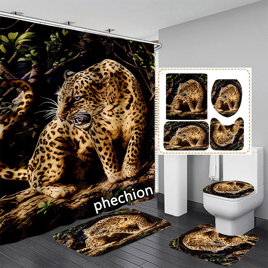 phechion New Fashion 3D Print Animal Leopard Shower Curtain Waterproof Bathroom Curtain Anti-slip Bath Mat Set Toilet Rugs VR262