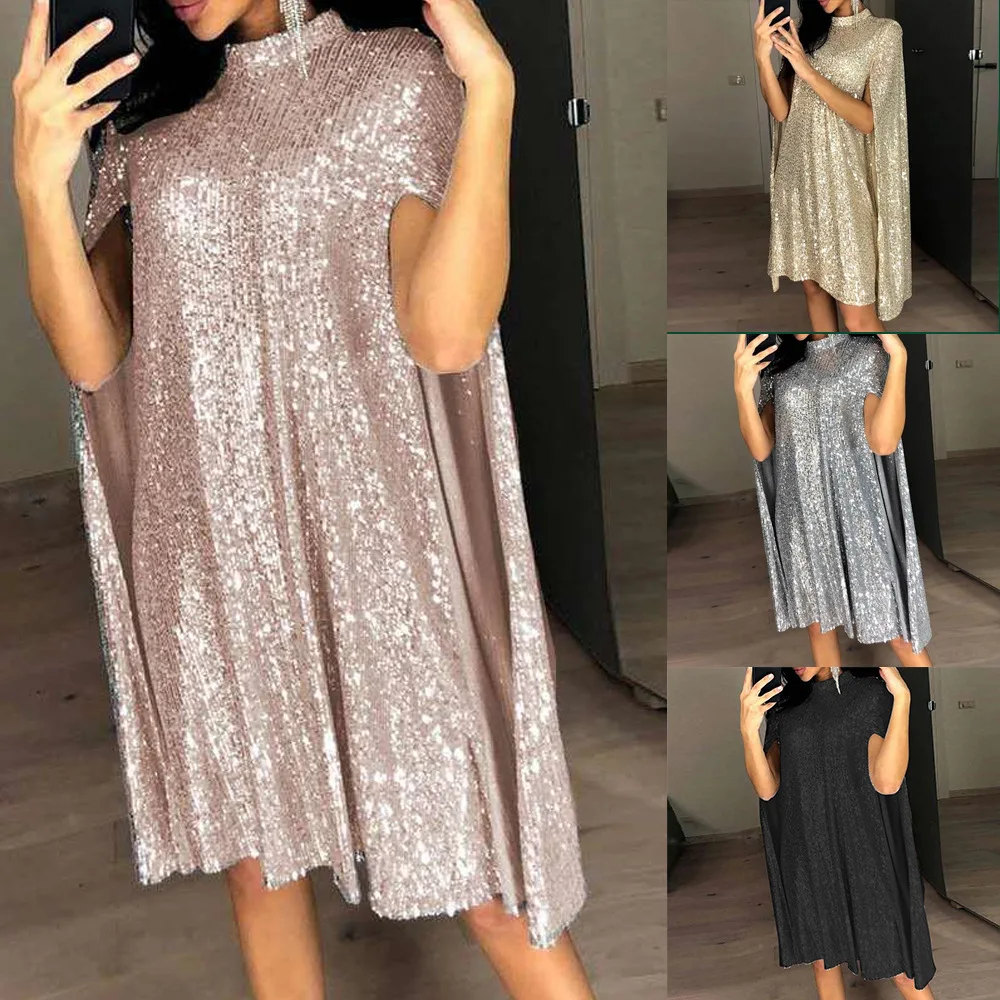 2024 spring new Europe and the United States new small stand collar sequin dress loose women's wear