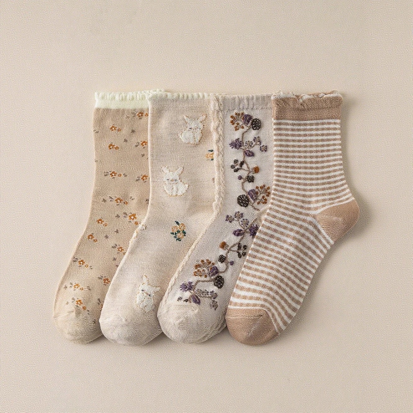 4 пары модных и изысканных женских носков средней длины в стиле ретро в лес с цветочным принтом и повседневными повседневными носками в студенческом стиле