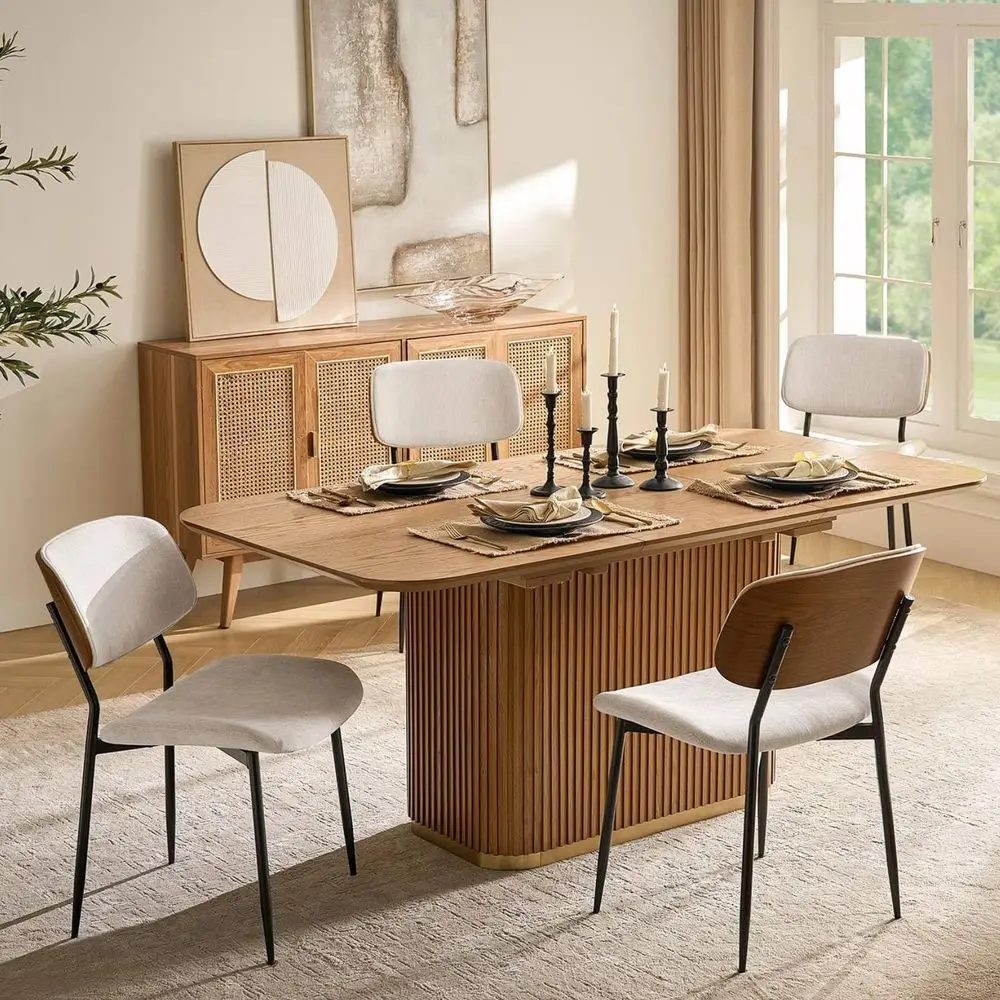 

Dining Chairs Set of 4 MidCentury Modern Upholstered Kitchen Dining Room Chairs with Wood Curved Backrest, Black Metal Legs Fab