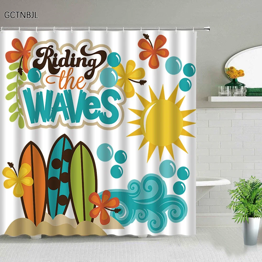 Cartoon Summer Travel Shower Curtain Camper Skateboard Ocean Coconut Landscape Polyester Fabric Home Decor Hook Bathroom curtain