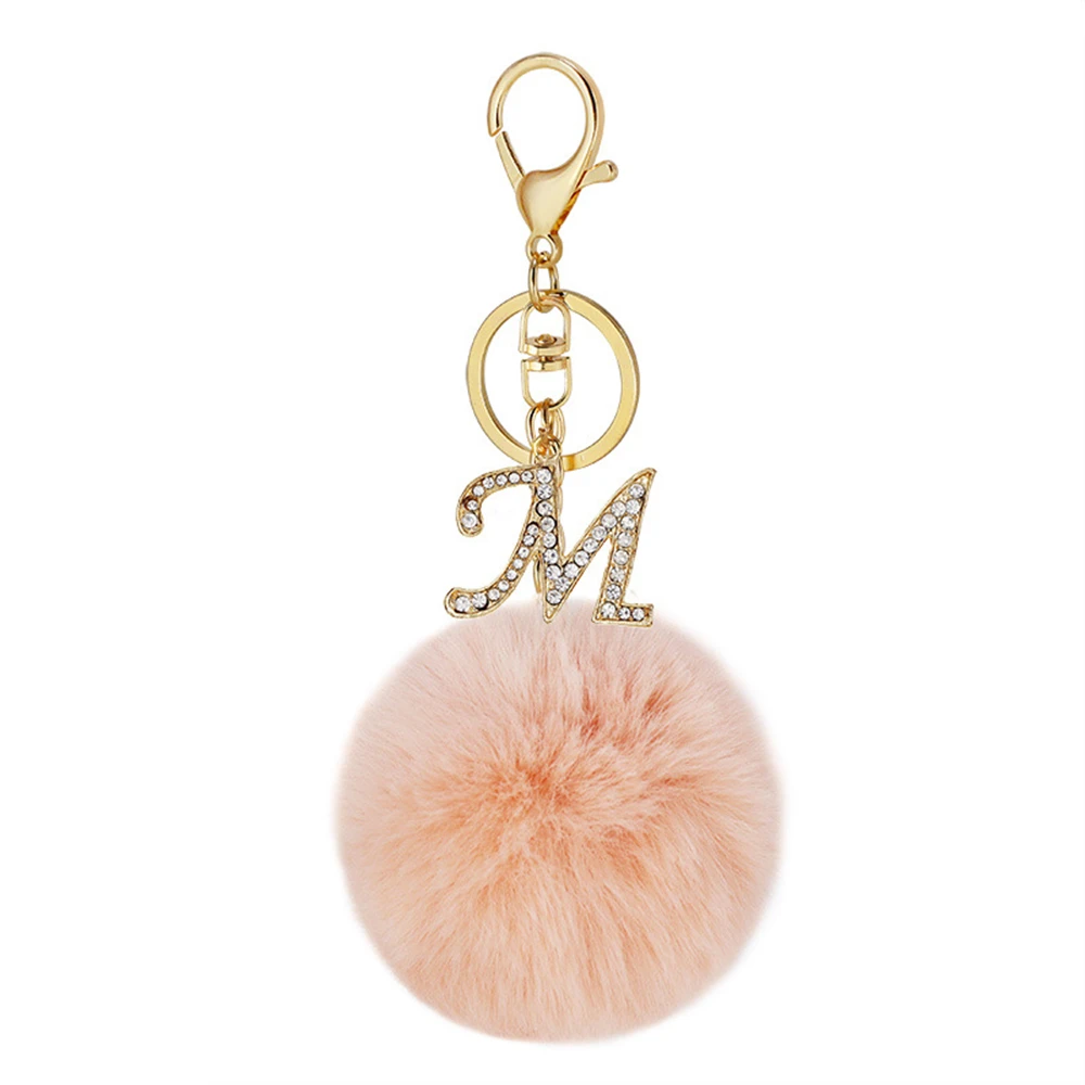 Fashion Creativity Keyring Golden Color English Letter Keychain With Plush Ball 26 Letters A - Z Handbag Charms For Woman Gift