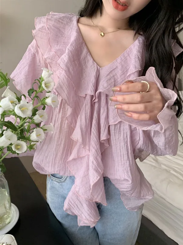 2024 pleated small texture French ruffle edge slightly transparent long sleeved shirt loose spring and autumn season shirt 7UNM