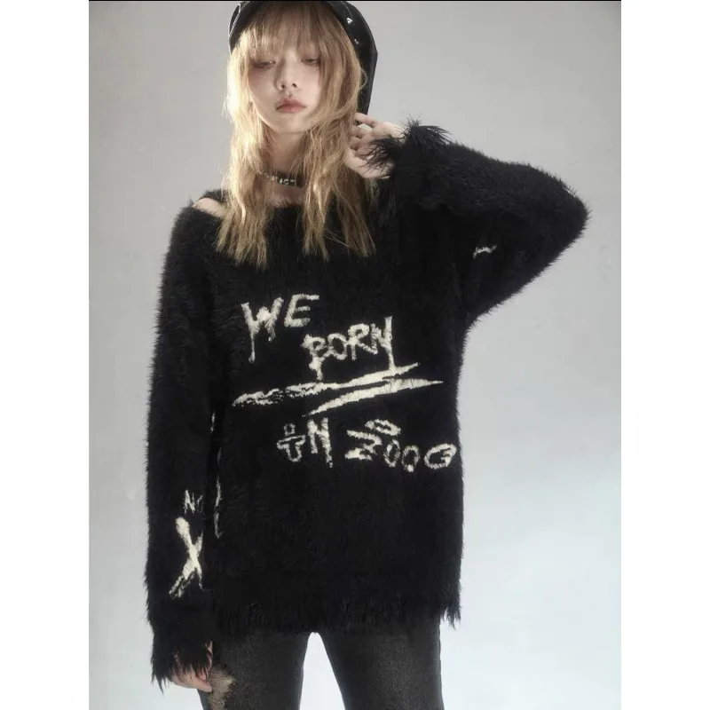 Punk Autumn 2024 Winter Pullover Sweater Women's American Retro Rock Harajuku Casual Jumpers High Street Loose Black Sweaters