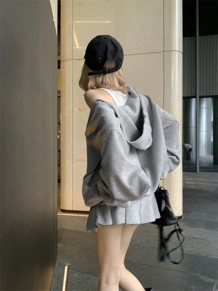 ADAgirl White V-neck Oversized Hoodie Grey Long Sleeve Sweatshirt Loose Casual Korean Fashion Autumn Winter Clothes Women Chic