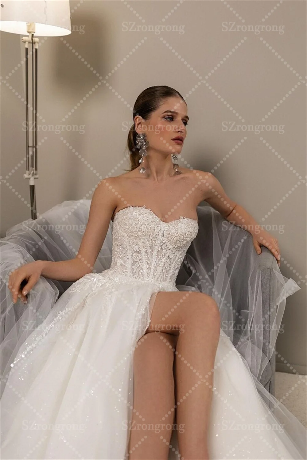 Off Shoulder Tulle A-line Boho Sequins Lace Wedding Dress Beach Lace up Back Side Split Bridal Dress with Train Custom Made