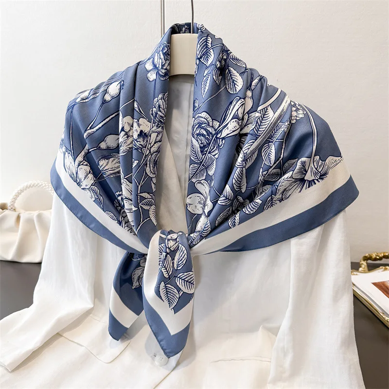 

2026 Luxury Brand Square Scarf Design Shawl Wrap 90cm Print Twill Silk Women Hijab Female Foulard Headband Bandana