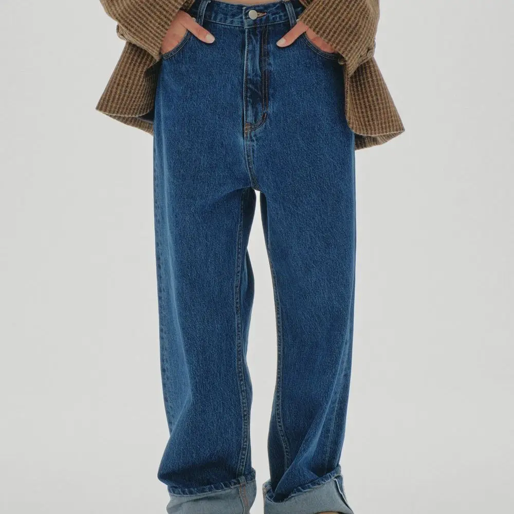 

Джинсы с высокой талией и широкими штанинами в стиле ретро, гонконгский стиль, весенние женские повседневные прямые брюки из денима синего цвета, визуально стройнящие фигуру