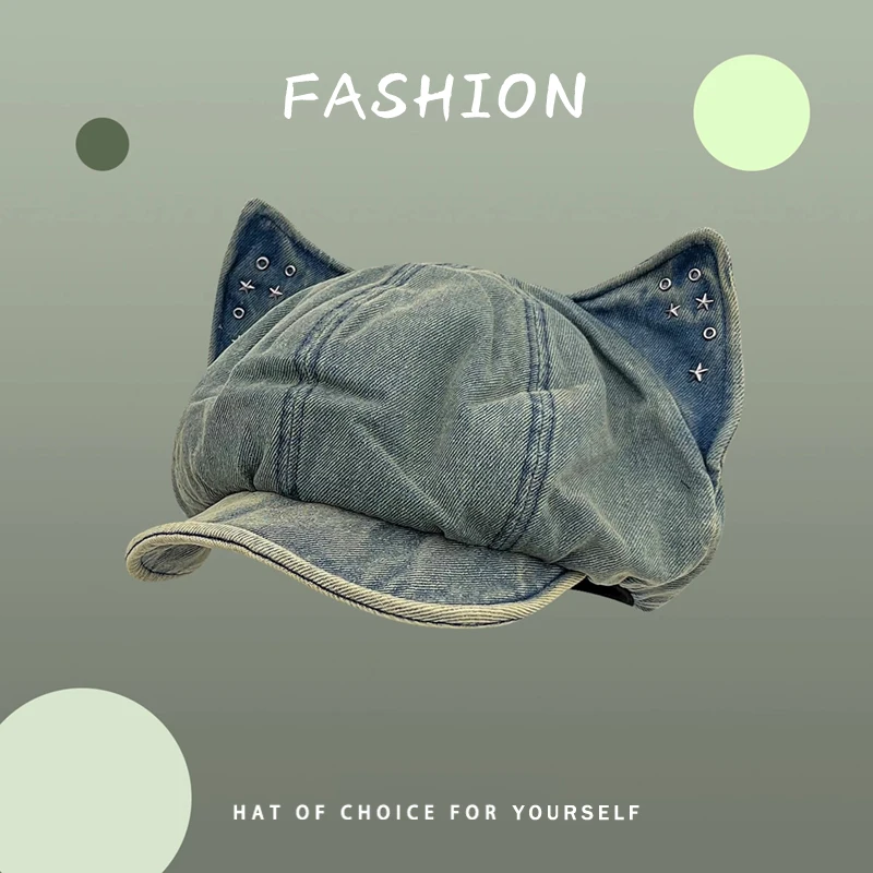 

Japanese Personalized Rivet Cat Ear Berets Cap Y2K Summer and Autumn Street Trend Versatile Retro Denim Newsboy Hats for Woman