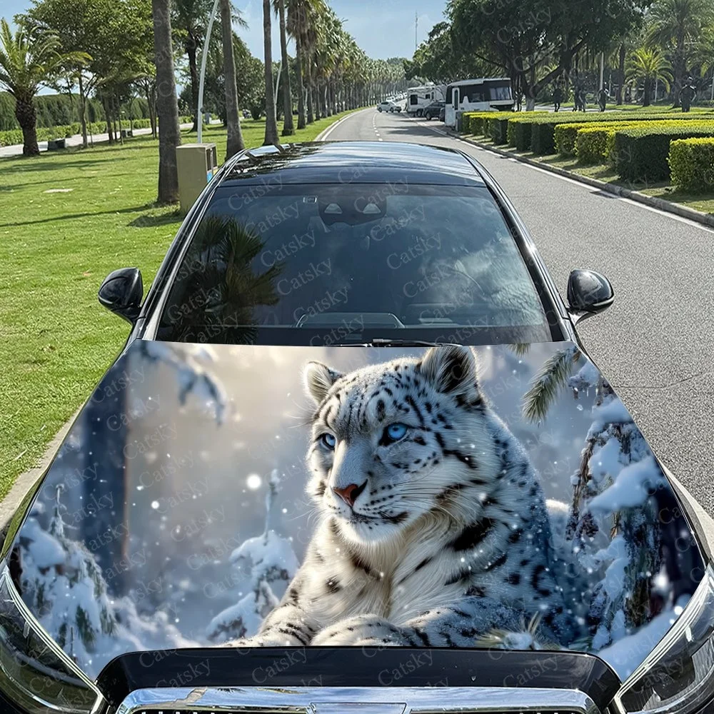 

Снежный барс с яркими голубыми глазами, набор против снежного лесного фона, ярко напечатанный на капоте автомобиля. Наклейка на капот автомобиля