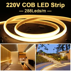 Tira de luces LED COB de 288 LEDs/M, cinta Flexible suave de 220V, resistente al agua IP65 con enchufe de alimentación de la UE de 1-50m para decoración de iluminación de jardín