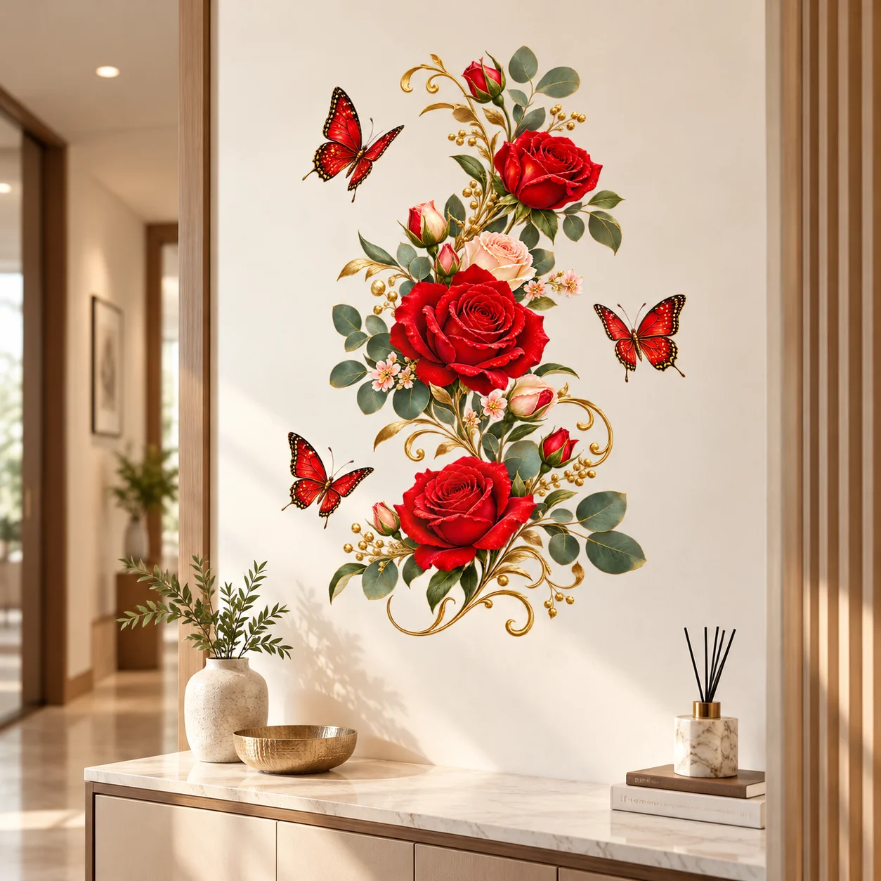 Red Rose Butterfly Wall Decal Peel and Stick Golden Swirl Floral Sticker for Fridge Living Room Bedroom Decor