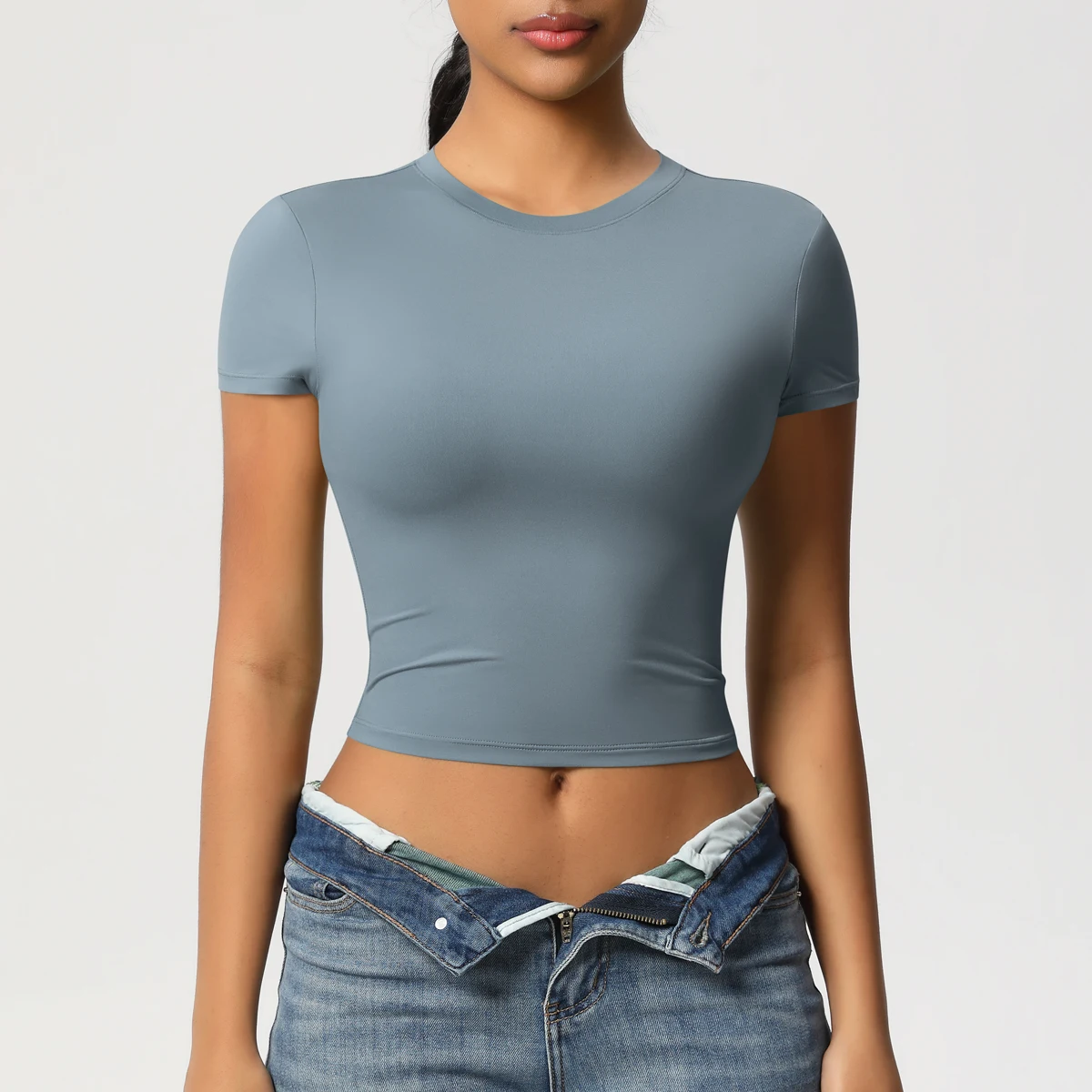 Frauen Sport Shirt Kurzarm Gym Top Workout Kleidung Hohe Elastische Active Wear Femme Lauf Zubehör Fitness T-shirt – Detail 26